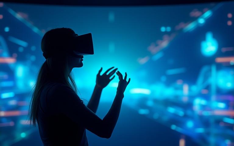 Eine Person trägt ein VR-Headset und interagiert mit einer farbenfrohen, futuristischen virtuellen Umgebung, die im Hintergrund fließende digitale Elemente zeigt.
