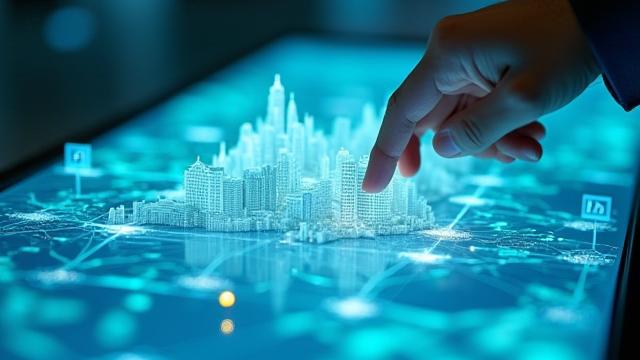 Ein modernes, interaktives Kiosk-Interface, das eine 3D-Ansicht eines Stadtmodells mit Informationspunkten anzeigt.