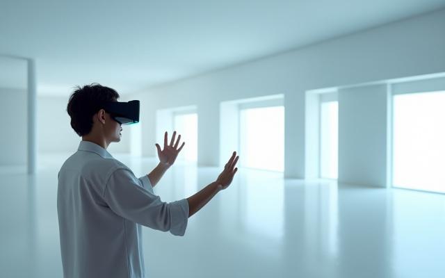 Person mit VR-Headset interagiert mit einem virtuellen Gebäude-Modell
